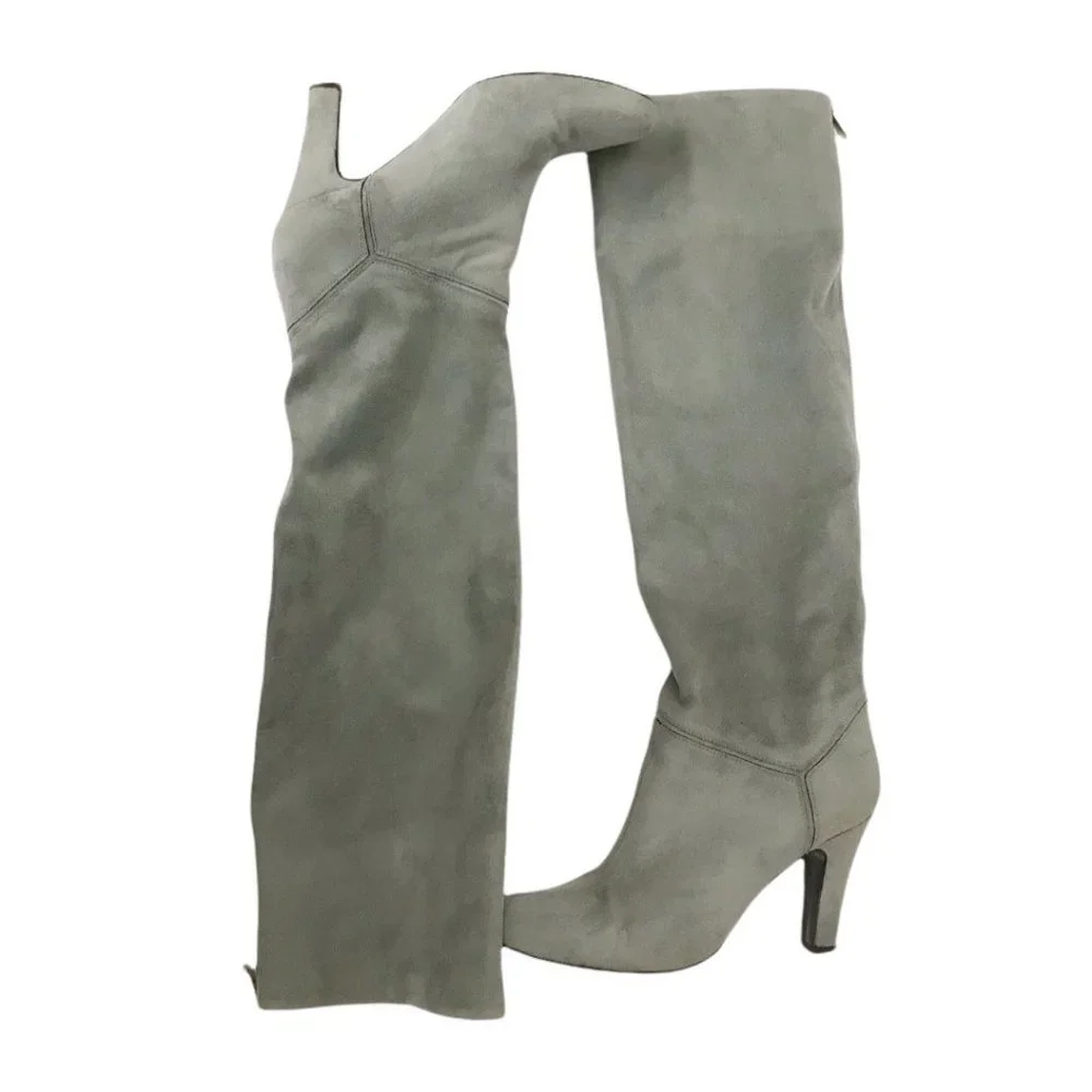 Stella McCartney Vegan Suede Knee High Boots Gray Pull On Block Heel Size 8.5